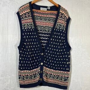 Vintage Cardigan Sweater Vest Medium Navy Blue Cream Pink Nordic Winter
